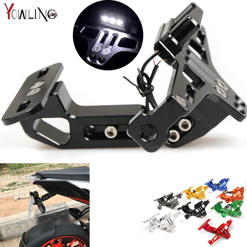 Universal CNC Aluminum Motorcycle Rear License Plate Mount Holder with White LED Light for Honda Kawasaki Yamaha KTM Suzuki BMW Universal CNC Aluminum Motorcycle Rear License Plate Mount Holder with White LED Light for Honda Kawasaki Yamaha KTM Suzuki BMW