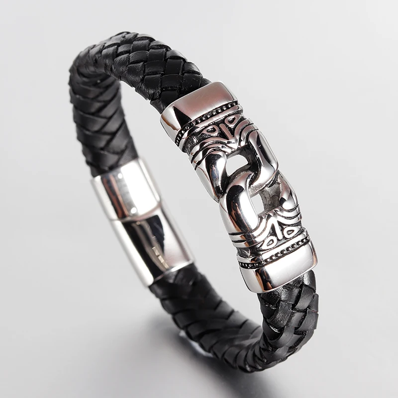 Модный мужской браслет, черный винтажный кожаный браслет из нержавеющей стали, браслеты с магнитными застежками, мужские популярные ювелирные изделия в этническом стиле