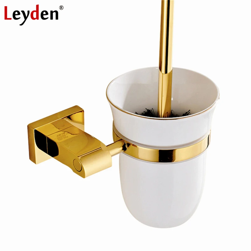 Leyden Luxury Golden/ Chrome Toilet Brush Holder with Ceramic Cup Wall