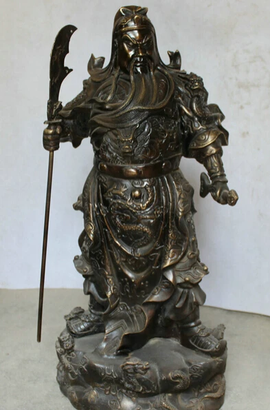 WBY JP S62 30 &quotСтарая большая китайская Бронзовая подставка Guan Gong Yu Warrior God 9 Dragon Sword