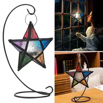 

Retro Five-pointed Star Candlestick Glass Mounted Iron Household Metal Candlestick Moroccan Style Lamp Valentine's Day Gift