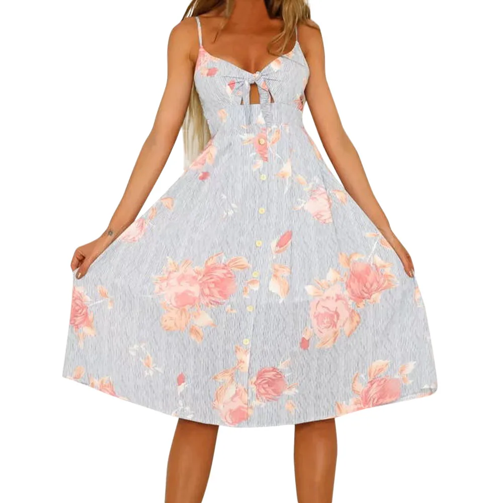 

2019 Hot Women Sexy Boho Backless Printing Sleeveless MiniDress Summer Beach Dress Senhoras vestido estampado Drop Shopping Wd4