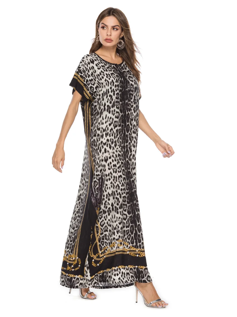 Летнее женское мусульманское платье размера плюс с леопардовым принтом модное исламское свободное богемное платье кафтан ОАЭ Рамадан халат VKDR1676