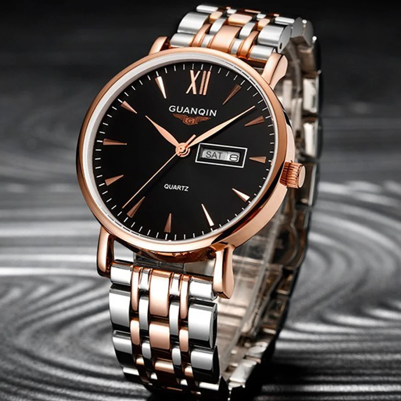 

Mens Watches Top Brand Luxury GUANQIN Business Men Fashion Quartz Watch Gold Stainless Steel Strap Wristwatch relogio masculino