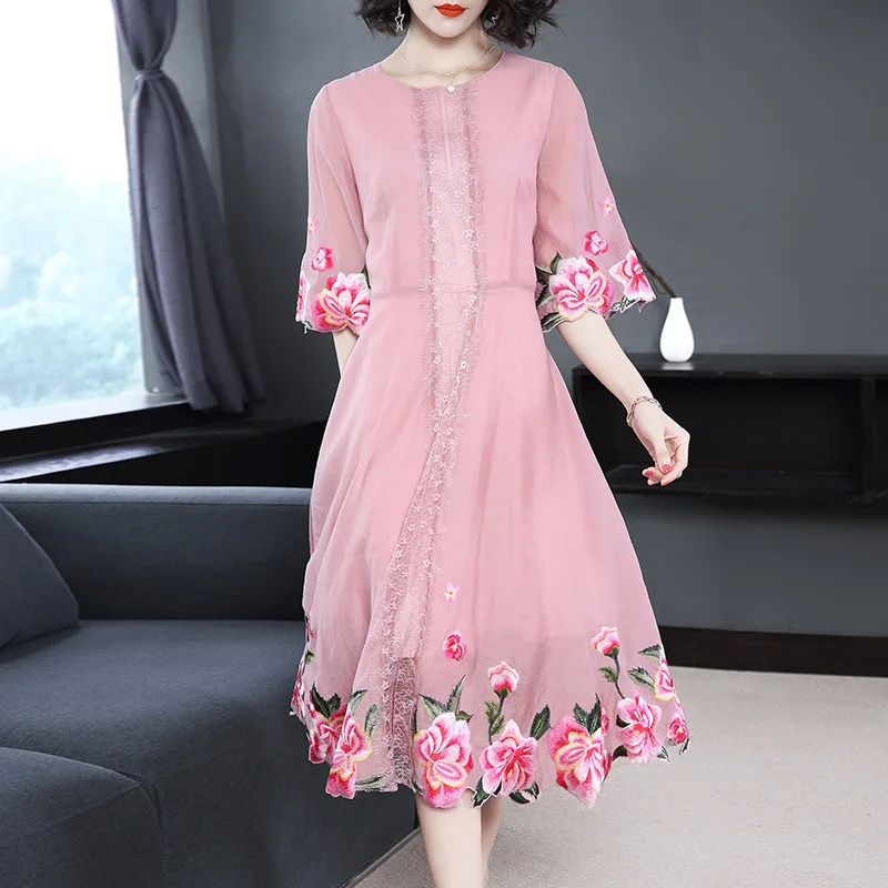 XXXL женское летнее платье Vestidos De Fiesta, новинка, высокое качество, женское платье с круглым вырезом и вышивкой, милое розовое платье
