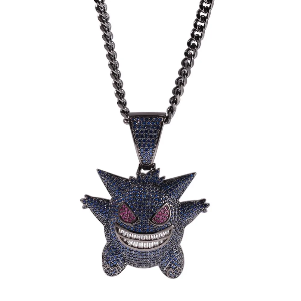 Синий AAA CZ циркон проложили Bling Ice Out маска покемона Gengar кулон ожерелье для мужчин хип хоп рэппер ювелирные изделия с 5*700 мм кубинская цепь