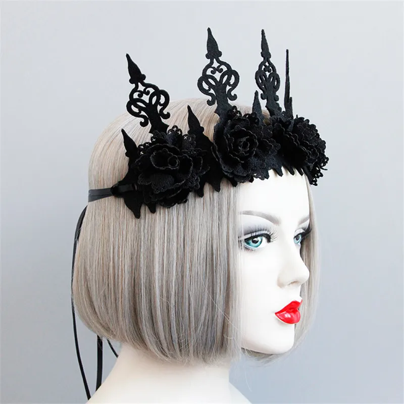 Haimeikang черный цветок Хэллоуин Корона ободок для вечеринки Готический ролевая повязка на глаза для косплея головной убор аксессуары для волос нарядное платье