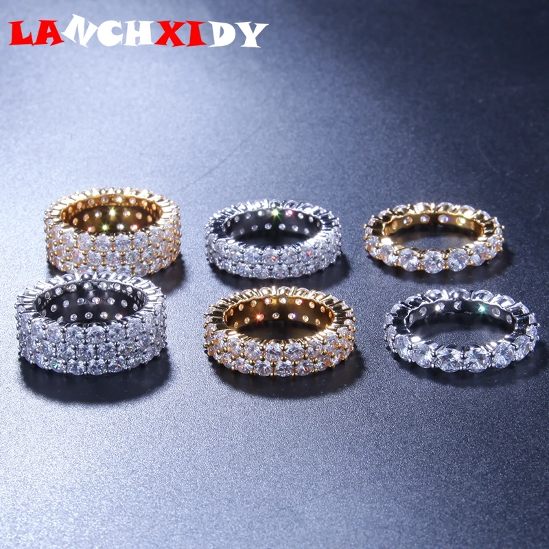 

1, 2,3 rows of stitching luxury men's fashion hip hop round ring gold silver cube CZ ice zircon ring Jewelry for Men