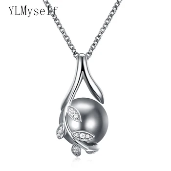 

Dropshipping charms suspension White and Rose gold color Grey pearl & cubic zircon crystal jewelry pendant necklace for women