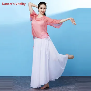 

2019 New Arrival Women Chinese Classical Dance Belly Oriental Indian Dance Practice Clothes Cut out Loose Top Chiffon Skirt Vest