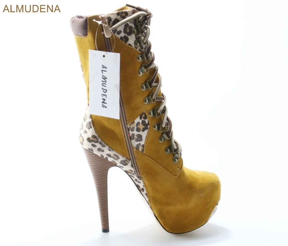 Moto Bottes Cheveux De Mi Talon Sexy Camel mollet Léopard Mince Dentelle As Almudena Patchwork Haut Picture Daim Robe Cheval Femmes up vyNn0Pw8mO