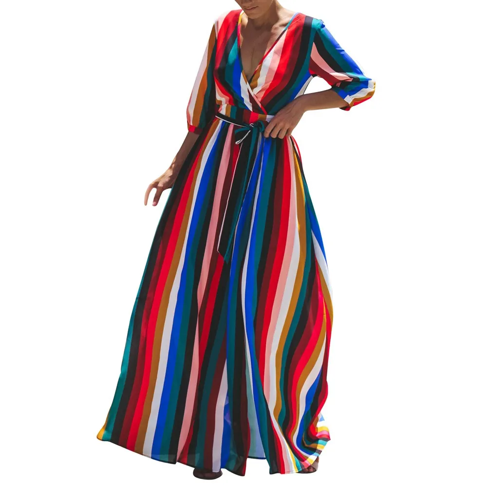 Женское платье, одежда для девочек, женское повседневное разноцветное Полосатое длинное летнее платье с v-образным вырезом, Женское Платье макси с рукавом три четверти