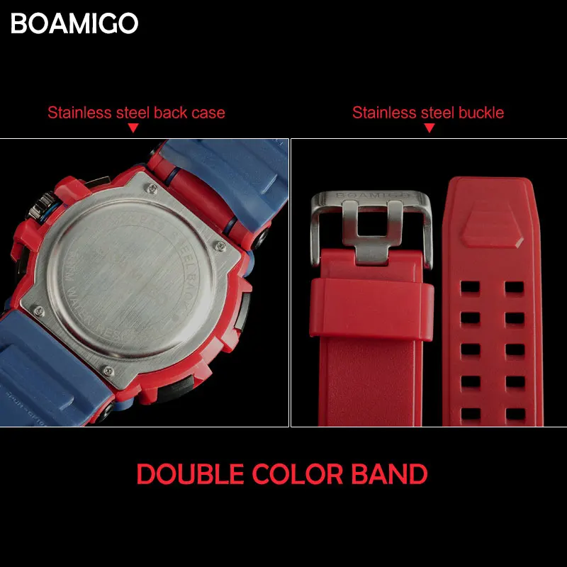 BOAMIGO العلامة التجارية الرجال الرياضة الرقمية التناظرية الساعات الرجال LED التوقيت المزدوج ساعة مقاومة للماء صدمة المعصم Relogio Masculino