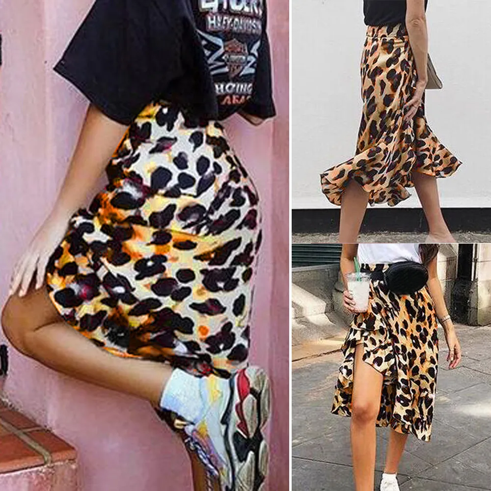 

New Casual Leopard Straight Skirt Fashion Summer Women Leopard Print Ruffles Short Empire Waist Knee-Length Skirt jupe femme #C