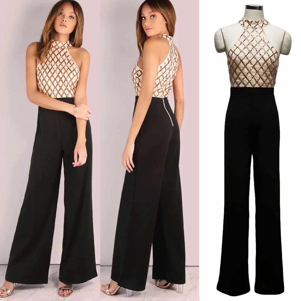 

Fashion 2017 Eligent Rompers Womens Jumpsuit Overalls Summer Jumpsuit Women Wide Leg Long Pants+ Gold tops Female Sexy Jumpsuits