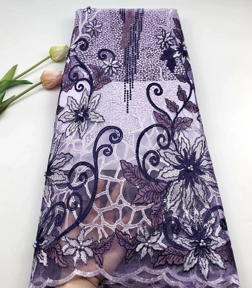 

New Design Purple color African TulleLace Fabric beads African Tulle Lace Fabric French Net Lace Fabric For Wedding dress