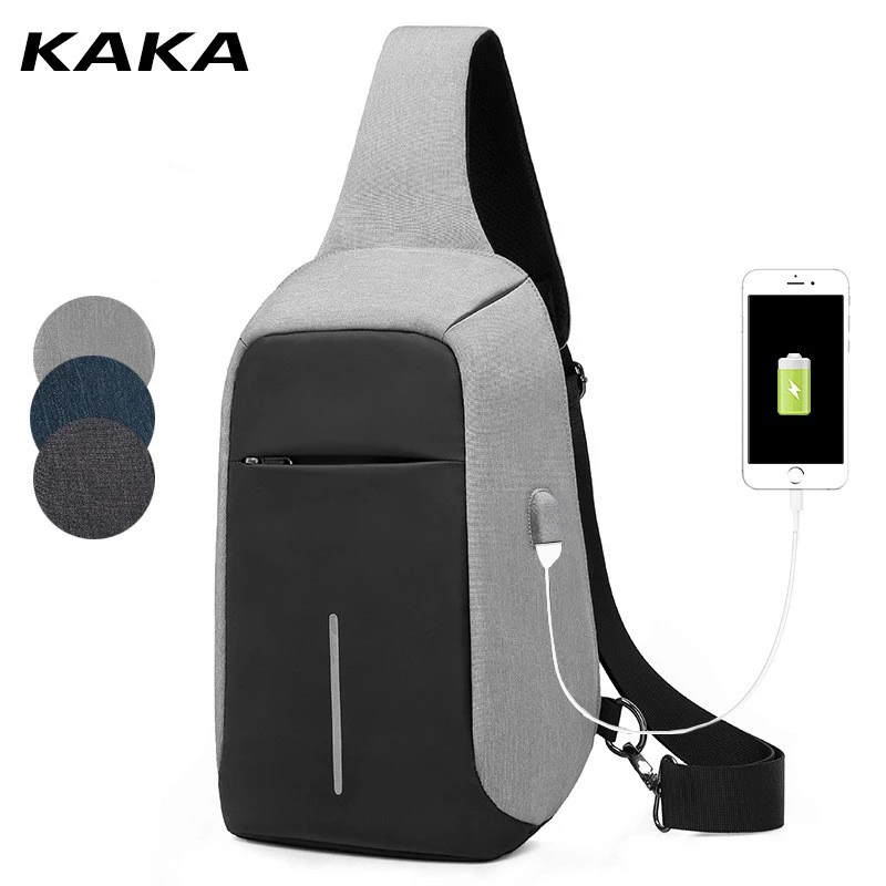 

KAKA fashion USB charging Chest Bag Messenger Crossbody Bags Men new Shoulder Bags Waterproof Short Trip anti theft bag for male