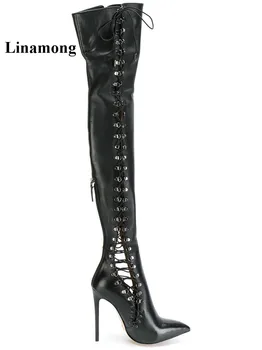 

2018 Fashion Boots Cross strap design Thin High Heel Pointed Toe Long Tube Boots Spring Autumn Rear Zipper Women Boots