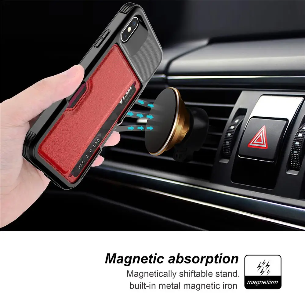 

XSKEMP For iPhone XS Max XR X 8 7 Cover Premium PU Leather Wallet Card Slot Shockproof Car Holder Magnetic Absorption Back Case