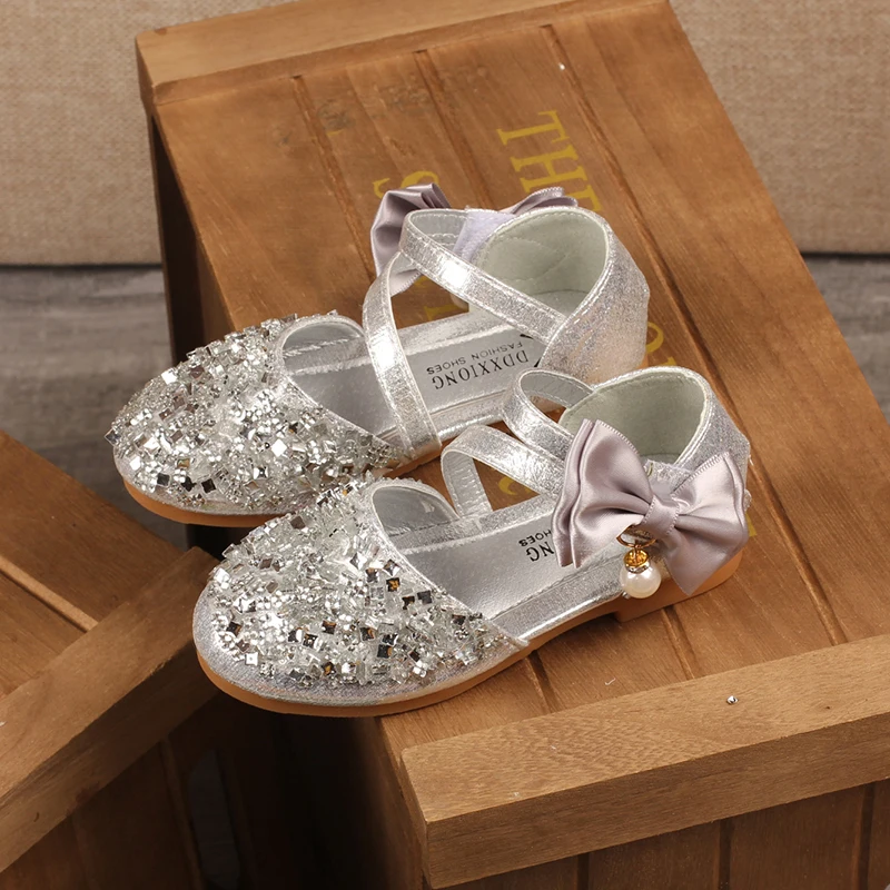 

H2231 Autumn New Children Leather Shoes Casual Girls Princess Flat Heel Party Shoes Fashion Sequins Bow Pearl Kids Shoes