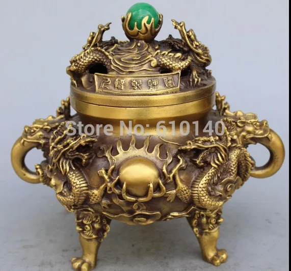 

12" Marked Chinese Bronze 9 Dragon Dragons Lion Green Jade Ball Incense Burner