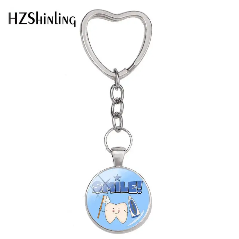 

2018 New Smile Tooth Keyring Happy Cartoon Teeth Heart Keychain Silver Photo Jewelry Glass Cabochon Key Rings Accessory
