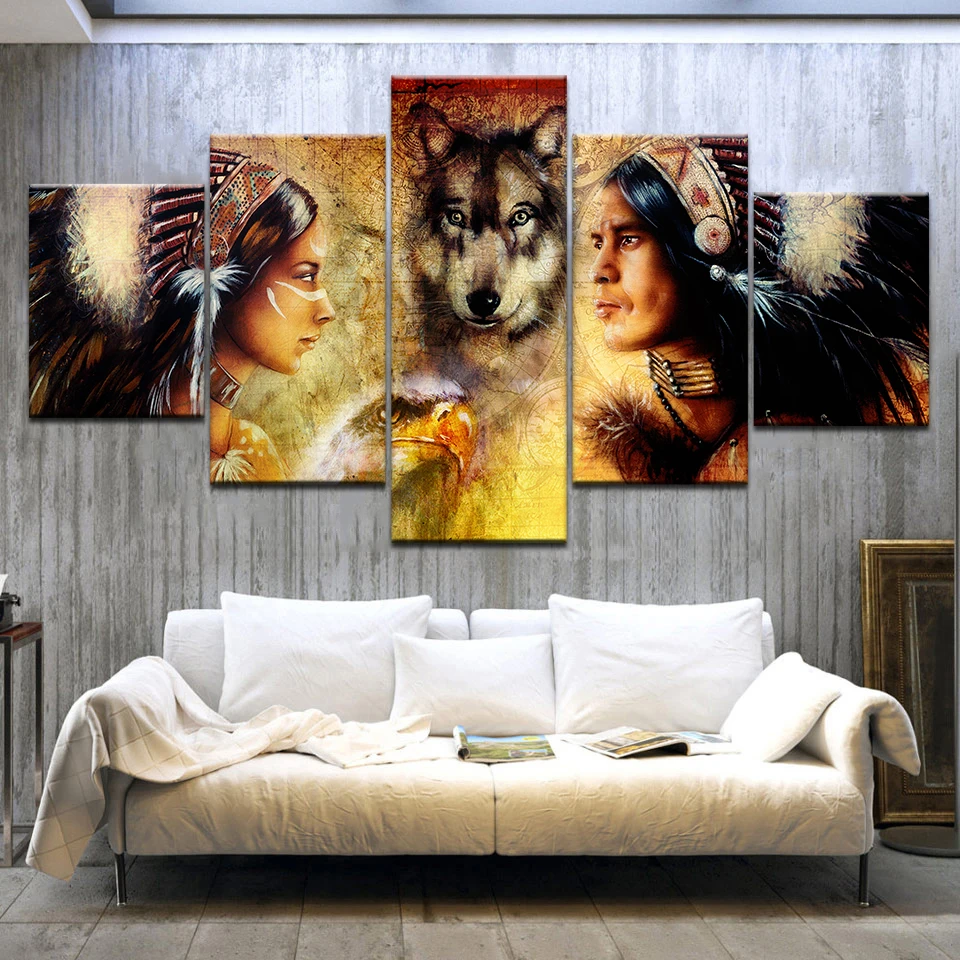 

TYG-Art Home Decor Wall Art Indians and Wolf Canvas Paintings HD Print For Living Room Modern Frame Decor Artwork 5 Pieces