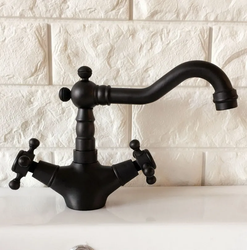 Black Oil Rubbed Brass Dual Cross Handles One Hole Bathroom Kitchen Basin Sink Faucet Mixer Tap Swivel Spout Deck Mounted mnf348