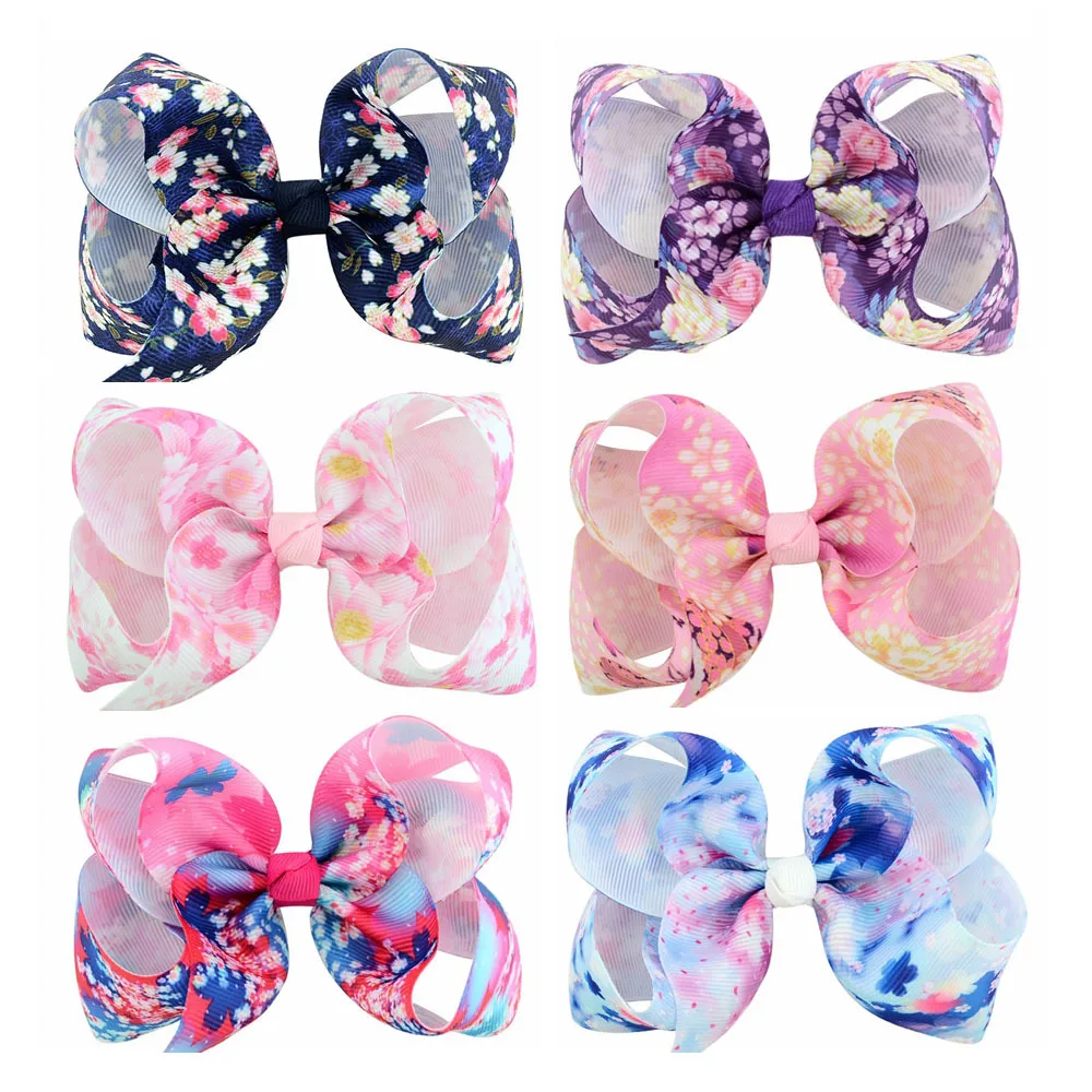 4Inches Large Bow Hair clips Flower Print Grosgrain Ribbon Bow with Alligator Clip Kids Hairpin