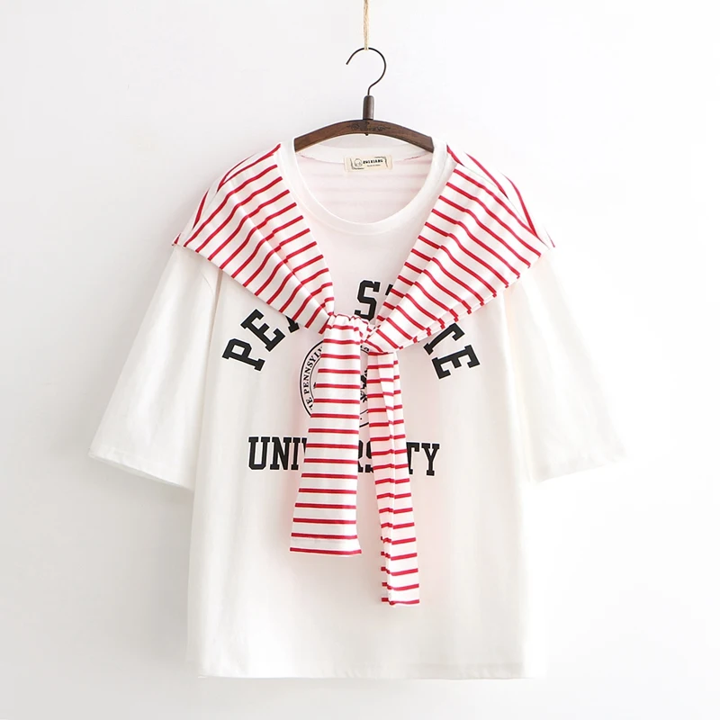 

Letter pattern striped bow scarf o-neck short sleeve t-shirt tee women