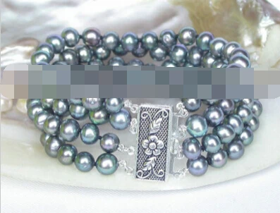 

shitou 00642 8" 4row 7-8mm peacock black round pearls bracelet silver clasp