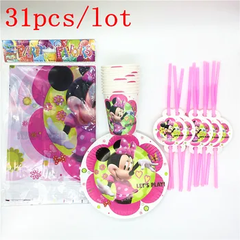 

31PCS kids birthday decoration tablecloth Straw plates cups Cartoon Disney Minnie Mouse party supplies for 10 persons for party