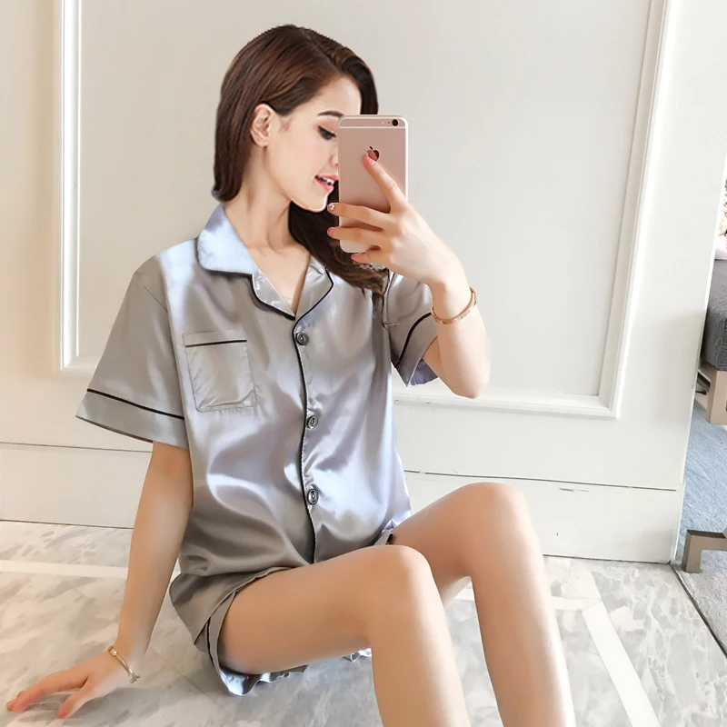 2019 New Women Silk Pajamas Comfortable Sleepwear Shorts Set Sexy Summer