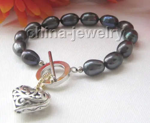 

8" 12mm black baroque freshwater pearl bracelet & heart shape pendant Noble style Natural Fine jewe Fast SHIPPING