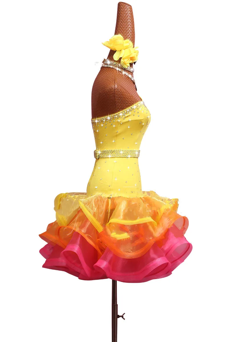 Блестящая юбка для латинских танцев со стразами, женские костюмы для выступлений, женское платье для танцев на плече, блестящие желтые платья для латиноамериканских танцев