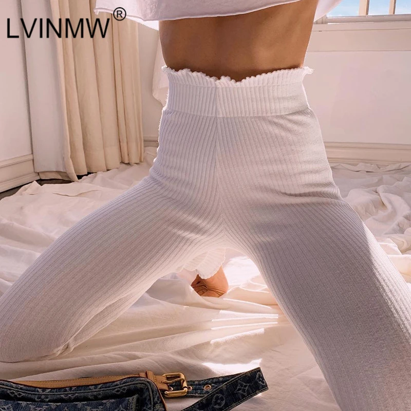 

LVINMW Solid High Waist Stripe Knitted Skinny Ruffles Pants 2019 Autumn Women Casual Elastic Pencil Pant Female Streetwear Pants