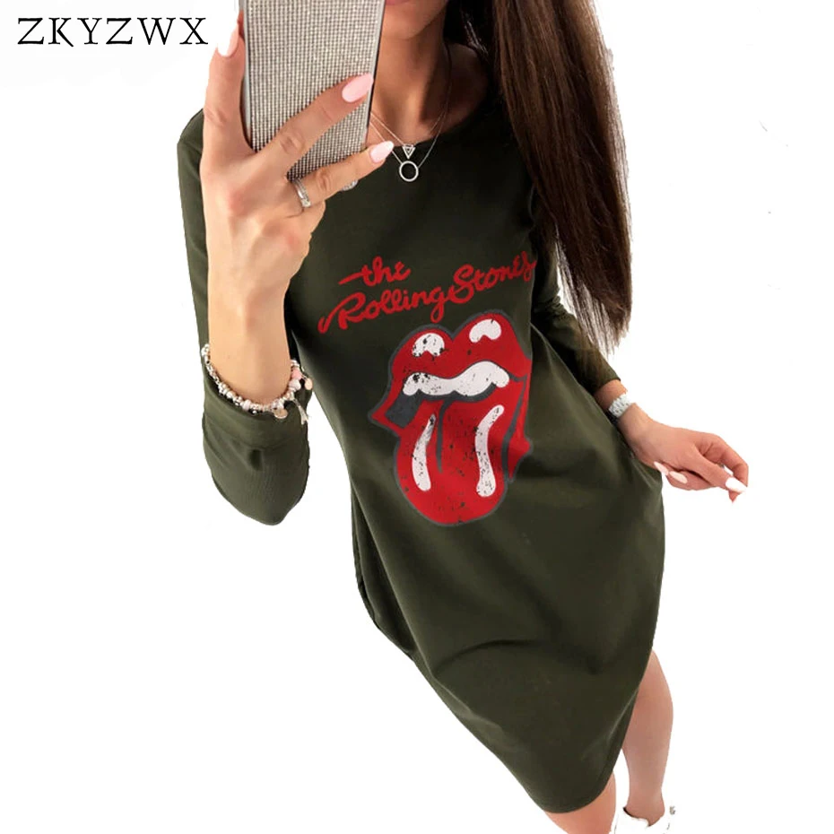 

ZKYZWX Letter Lips Printed Plus Size Women Dress 2018 Spring Casual Dress Long Sleeve Beach Vestidos Robe Jurken T Shirt Dresses