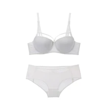 Solid Color Smooth Fabric Half Cup Push-up Bra and Panties Set With Strappy Medium Padded Lingerie Underwear Set For Women