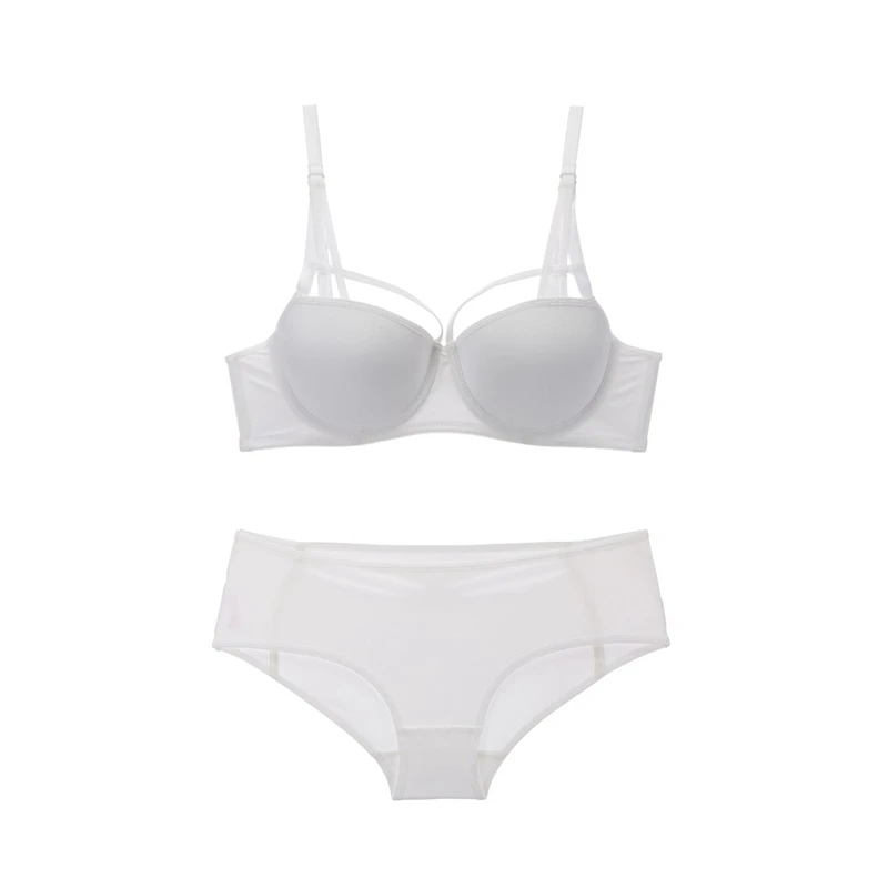 

Solid Color Smooth Fabric Half Cup Push-up Bra and Panties Set With Strappy Medium Padded Lingerie Underwear Set For Women