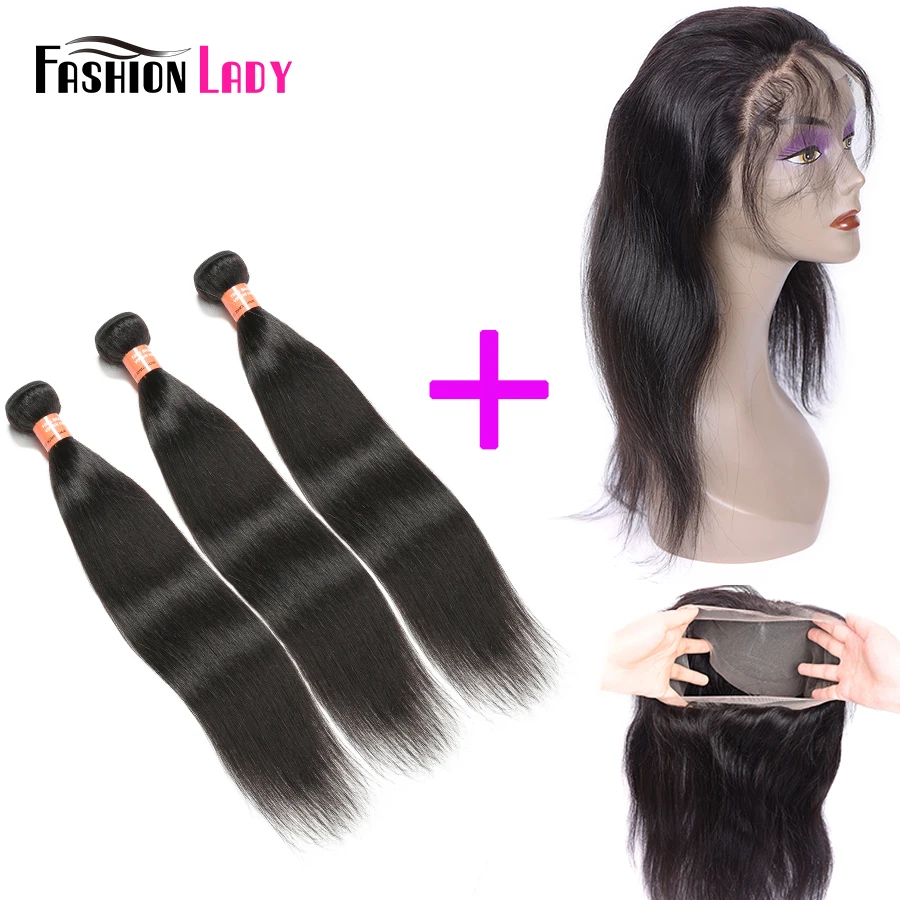 Fashion Lady 3 Bundles Brazilian Straight Human Hair Bundles With 360 Lace Frontal Clousre 100% Remy Human Hair Weave