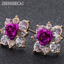 High Quality Rhinestone Flower Crystal Stud Earrings For Women Party Rose Pink Blue Romantic Boho Fashion