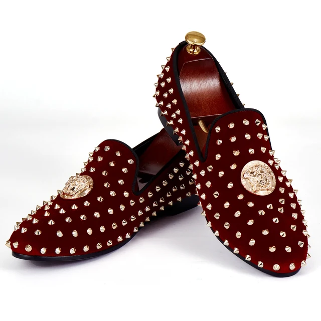 Red Rivets Velvet Loafers Men Party Wedding Shoes Studs Dress Shoes Spikes Footwear Red Bottom ...