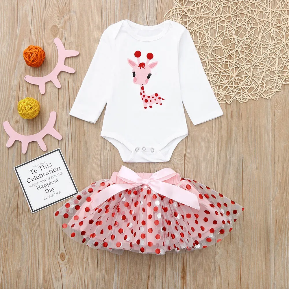 

Newborn Infant Baby Girls Outfits Set Long Sleeve O-neck Cartoon Giraffe Tops Dot Tutu Dress Stylish Outfits Set roupa menina