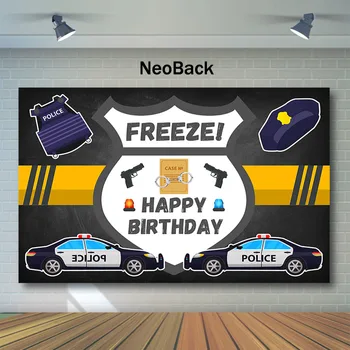

NeoBack Police Theme Birthday Backdrop Pistol Handcuffs Background for Photo Cool Boy Birthday Party Photography Backdrops