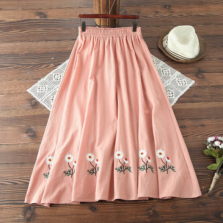 KYQIAO Женская этническая юбка 2019 Женская осень весна китайский стиль Длинная зеленая Розовая белая Цветочная вышивка трапециевидная юбка