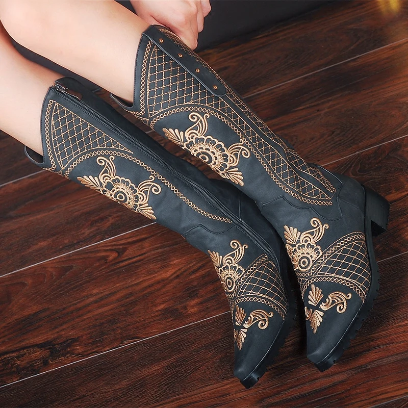 

Womens Flock Embroidered Mid Calf Boots Pointed Toe Royal Western Style Flats Cowboy Shoes