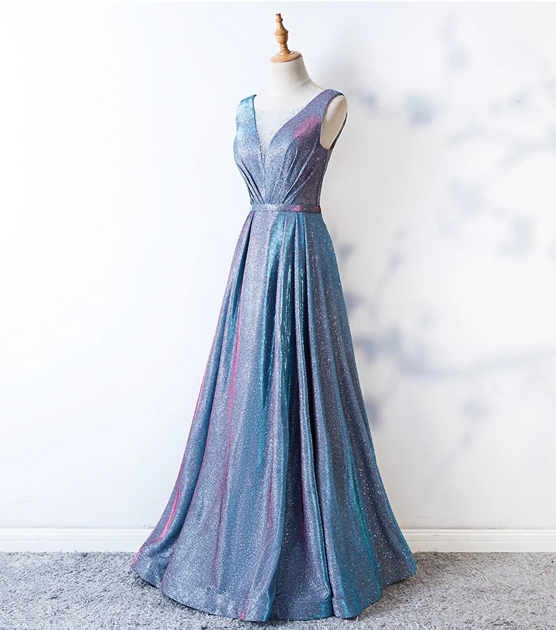 Bling Prom Dress Sheer Neck Light Blue Bridesmaid Dress A-line Long Crystal Evening Gown