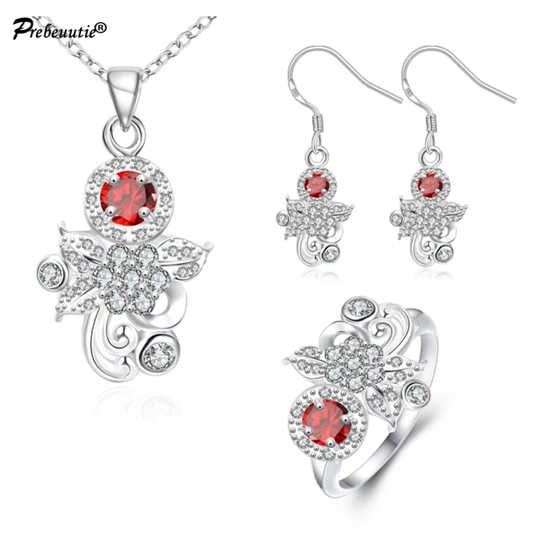 South Kroean simple style jewelry set! Copper red zircon inlaid silver