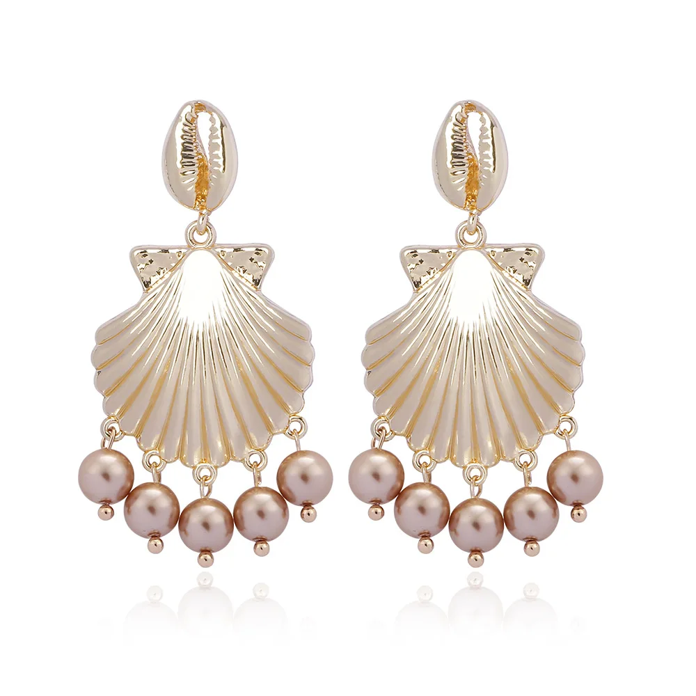 

ZWPON Zinc Alloy Seashell Round Pearl Chandelier Earrings Women Gold Cowry Earrings Tropical Jewelry Wholesale