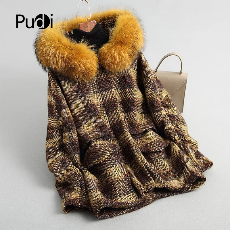 PUDI A18126 женские зимние теплые из натуральной шерсти с мехом енота воротник пальто леди куртка пальто